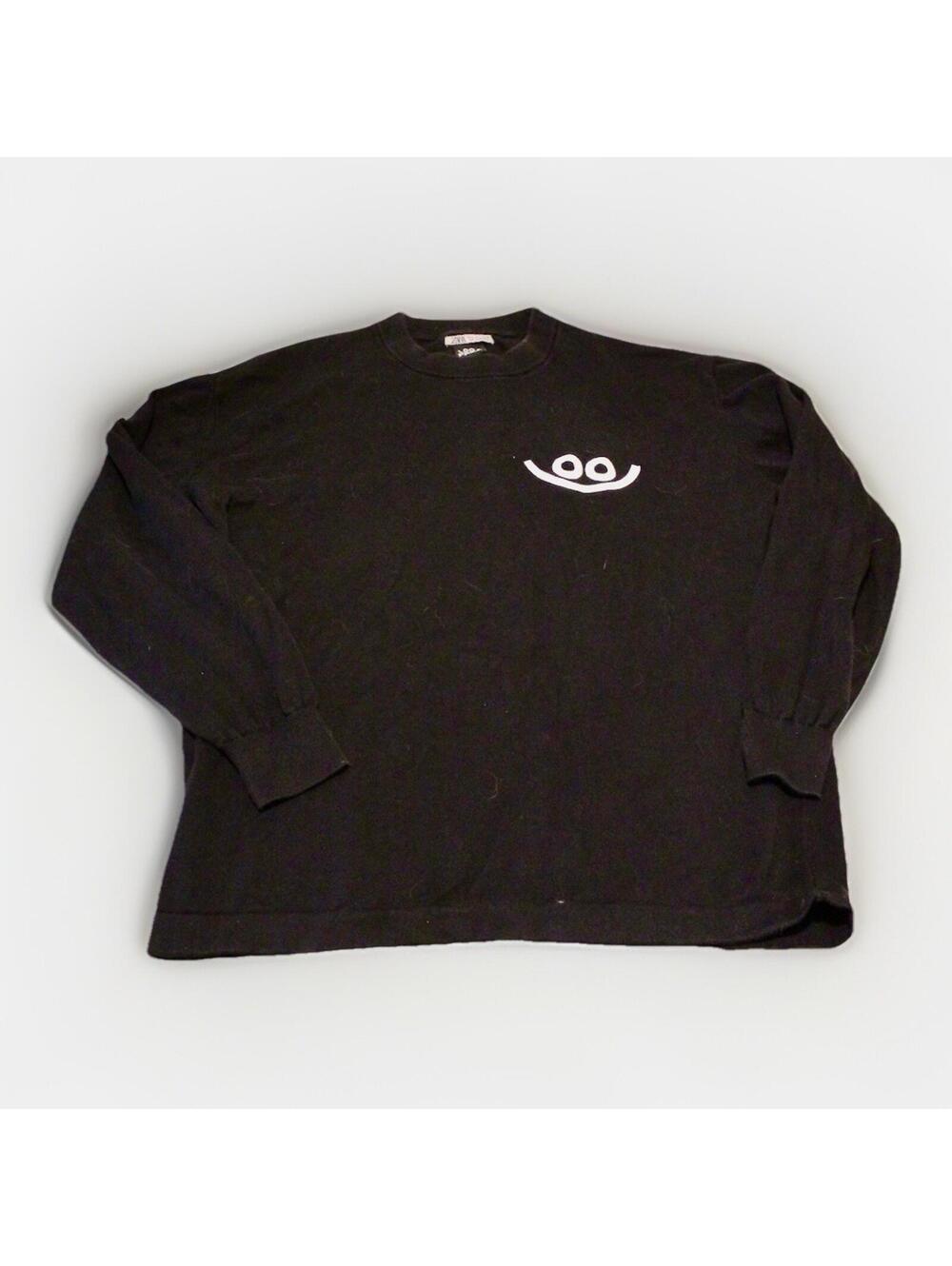 Zara Diaz Faes Sweater Mens Large Black Cotton Crewneck Smile Pullover